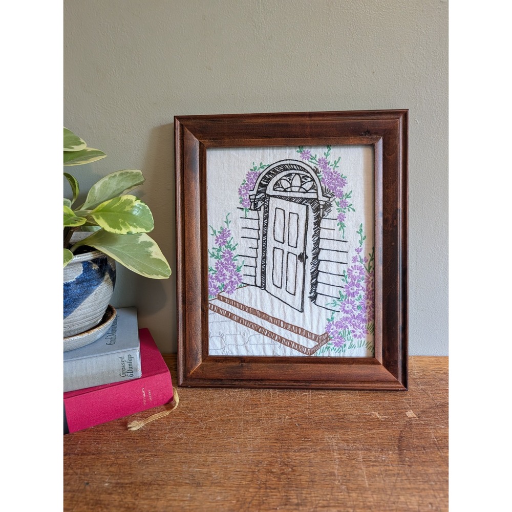 Vintage Hand Embroidered Framed Art Cottage Door Purple Flowers Cottagecore